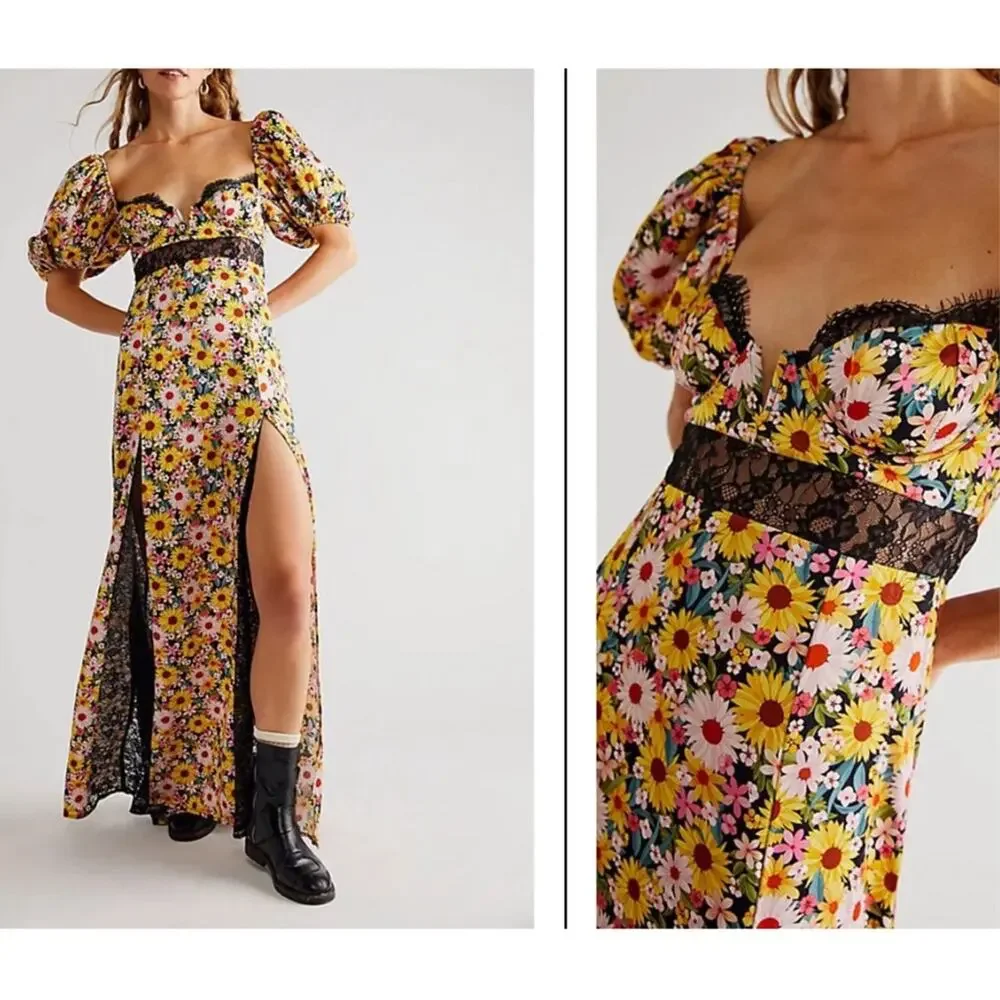 FOR LOVE & LEMONS Sylvia Floral Puff Sleeve Lace Bustier Maxi Dress Size XS - Picture 4 of 12